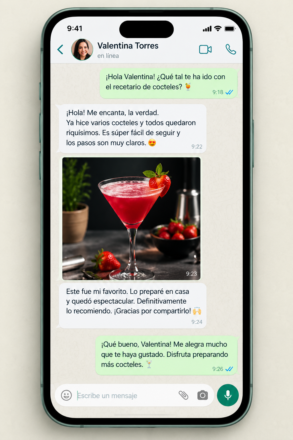 Captura de WhatsApp: Valentina Torres cuenta que preparó varios cócteles del recetario y quedaron riquísimos