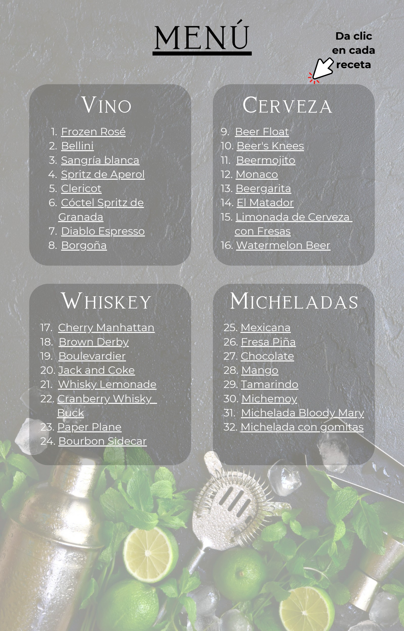 Menú del ebook con recetas de vino, cerveza, whiskey y micheladas