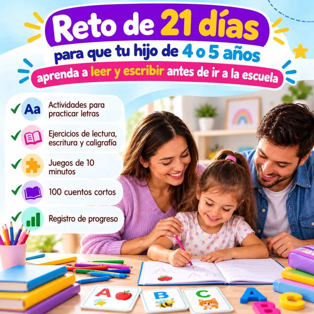 Portada del Reto de 21 días: mamá, papá e hija aprendiendo juntos en la mesa