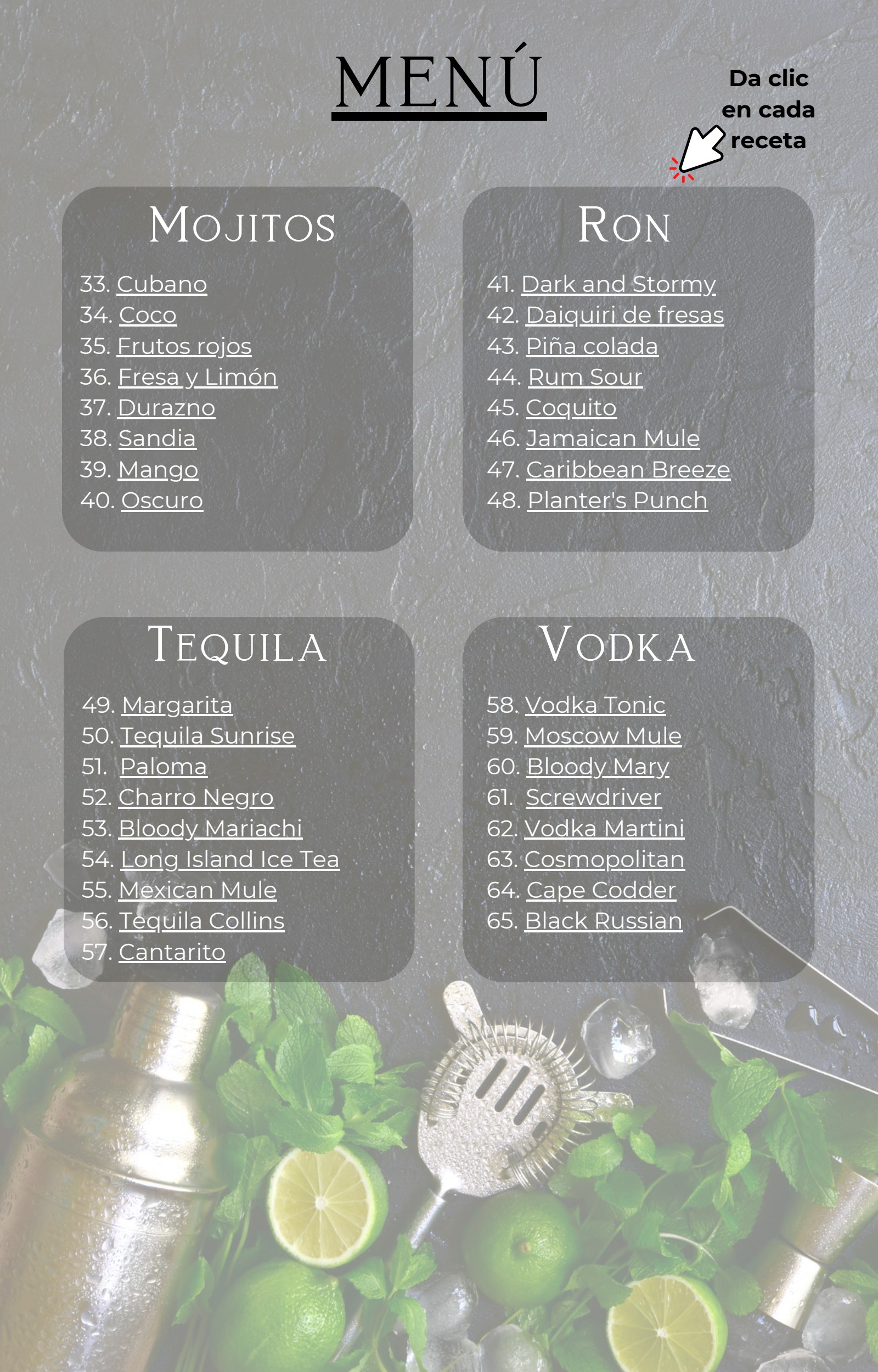 Menú del ebook con recetas de mojitos, ron, tequila y vodka