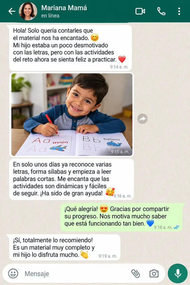 Conversación de WhatsApp de una mamá contando el avance de su hijo