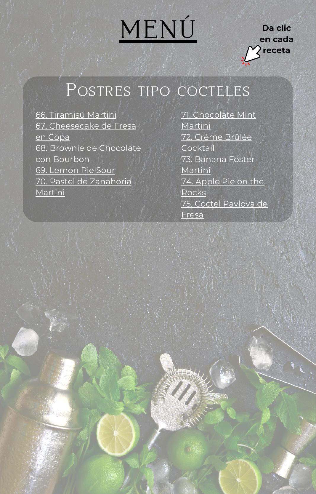 Menú del ebook con recetas de postres tipo cócteles
