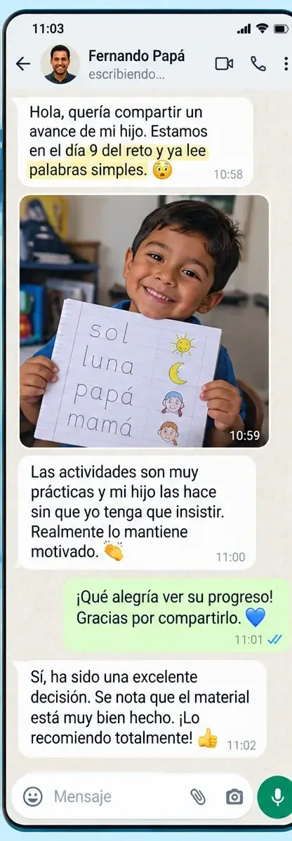 Conversación de WhatsApp de un papá contando el avance de su hijo