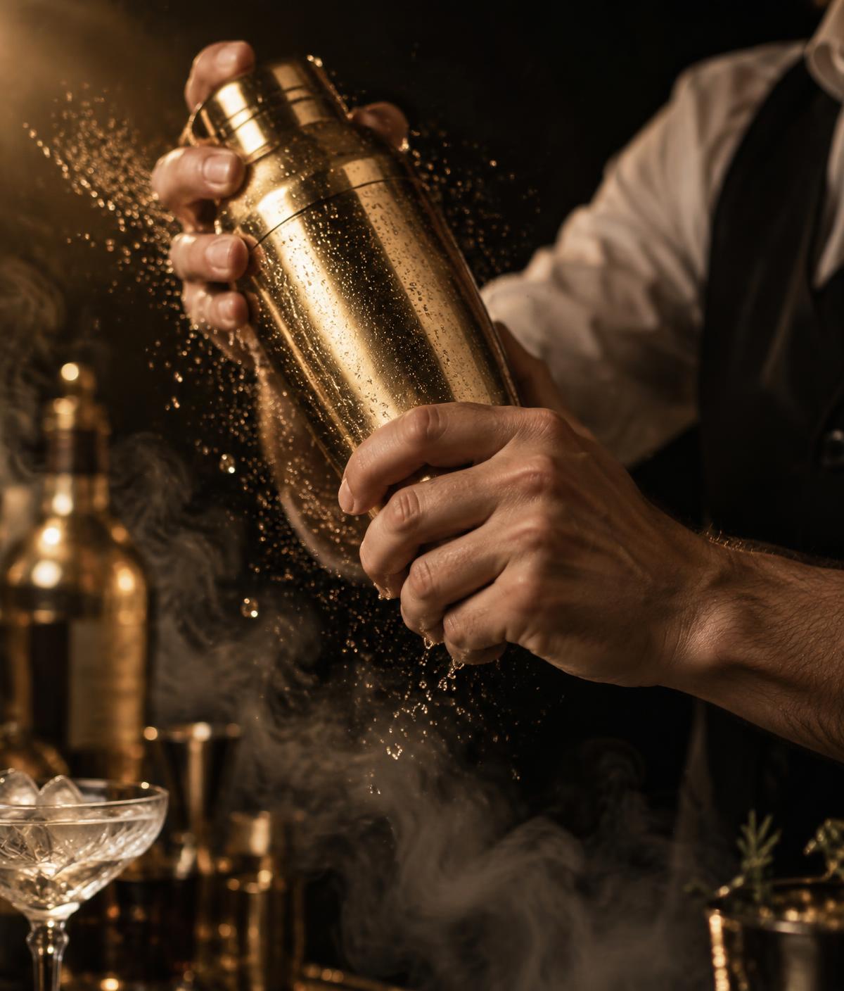Bartender agitando una coctelera dorada bajo luz cálida
