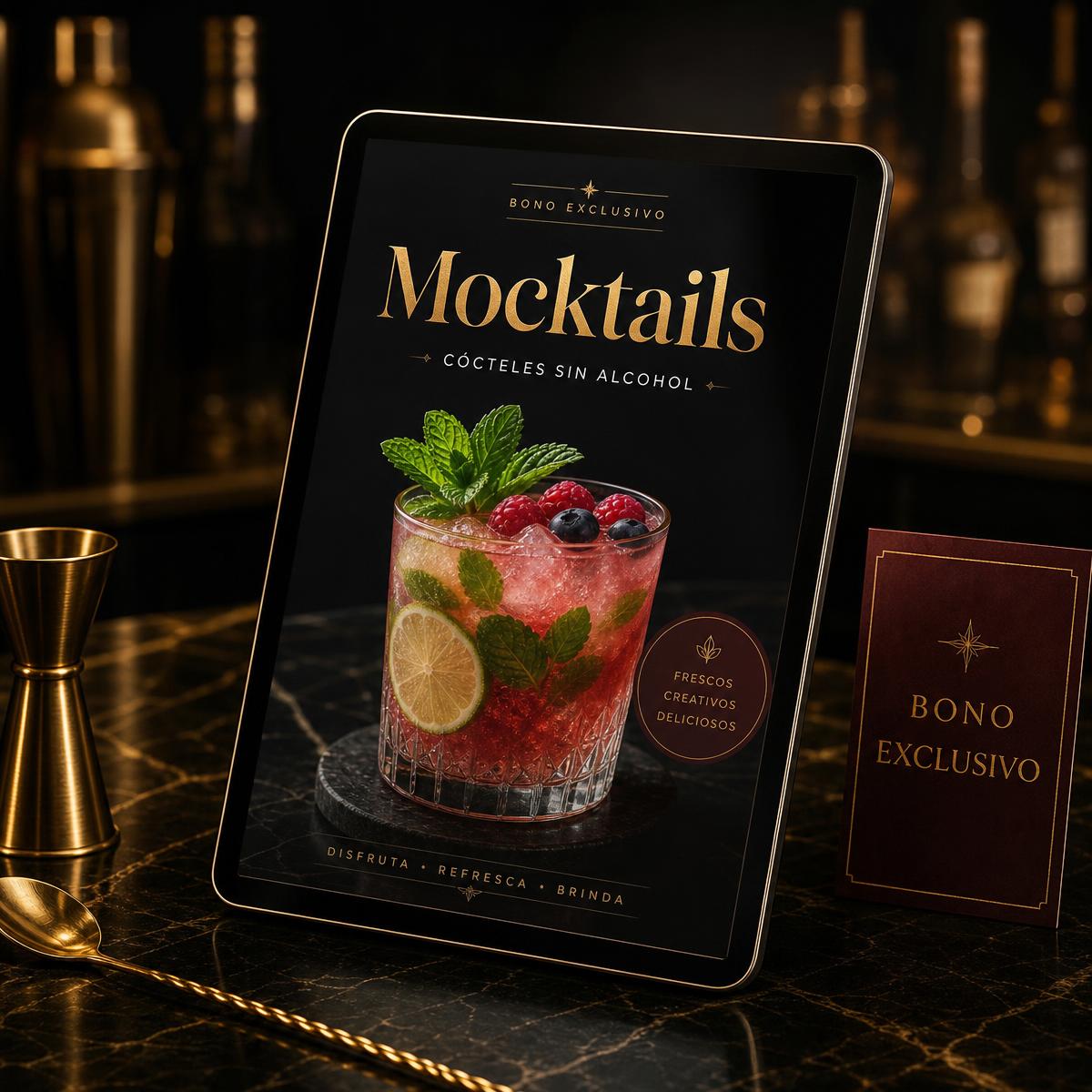 Mockup del bono Mocktails: cócteles sin alcohol en estilo bar nocturno elegante